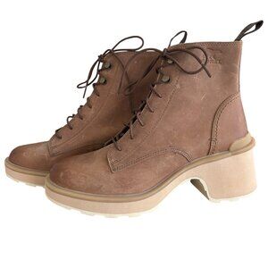 Sorel Cate Lace-Up Leather Ankle Boots Brown Lug Sole Block Heel
